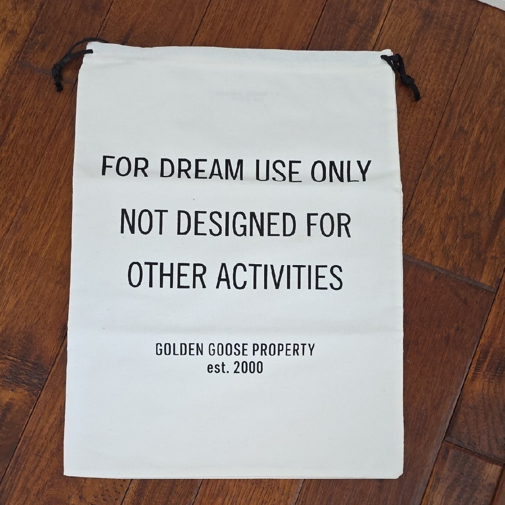 Golden Goose Cream Drawstring Bag with Black Text